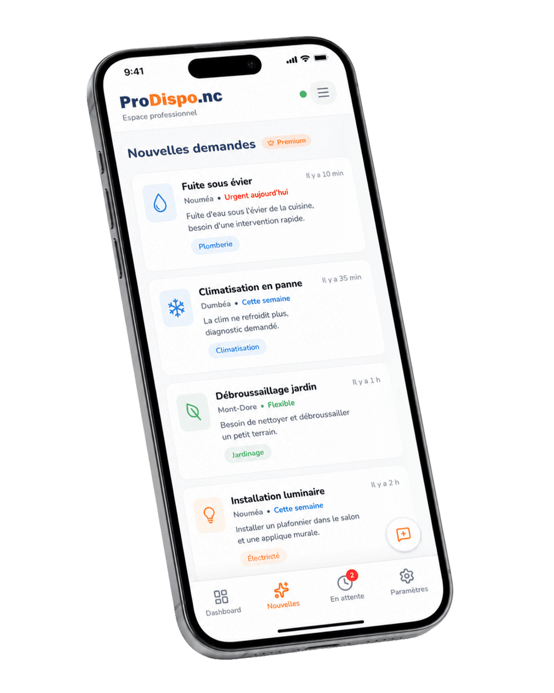 Aperçu du dashboard pro ProDispo.nc — nouvelles demandes clients